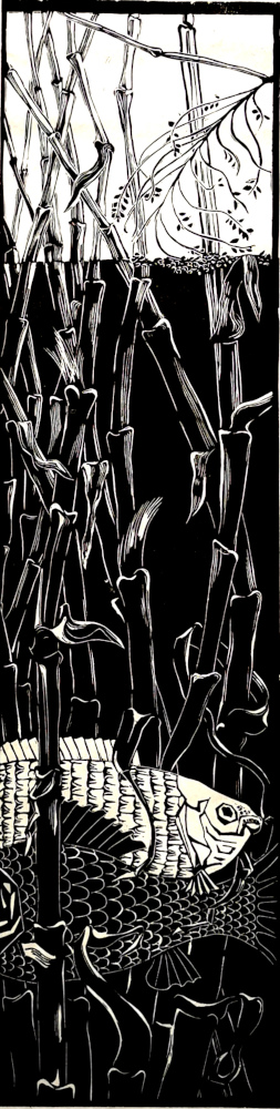 zwei Fische im Schilf - Linoldruck 40 x 80 cm