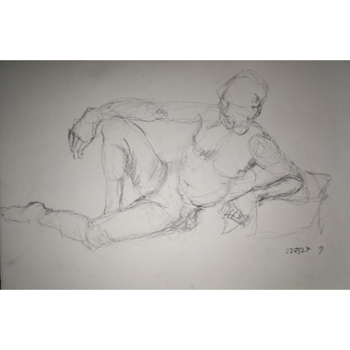 m Akt auf linker Seite liegend, linke Elle auf Kissen aufgestützt somit leicht gehobener Oberkörper,
			rechtes Bein aufgestellt, rechts Handgelenk auf rechtem Knie ruhend. Von vorne, klassische Position.