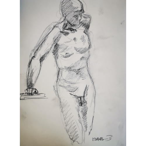 m Akt mit rechter Hand auf hohem Tisch sich abstützend, linke hand in die Hüfte gestemmt, 
		gezeichnet von schräg vorne.