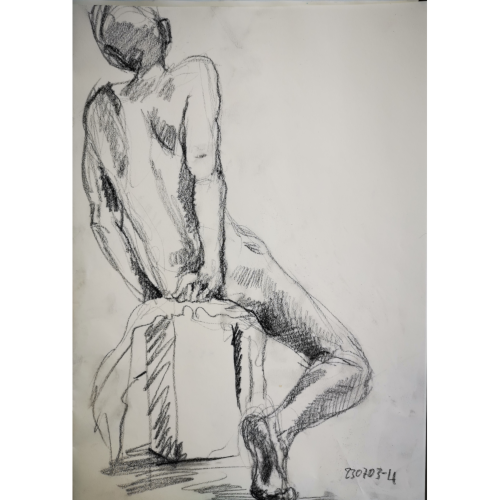 Rückansicht m Akt auf niedrigem Hocker sitzend, mit einer Hand abstützend