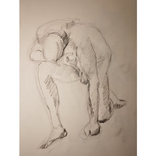 m Akt, rechtes Bein kniet, das andere aufgestellt, 
		linke Hand berührt Boden, rechter Arm und Oberkörper auf rechtem Bein ruhen