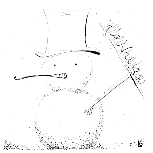 Schneemann als Symbol für Januar, wobei das Wort: JANUAR - aus den Borsten seines Besens geformt ist.
