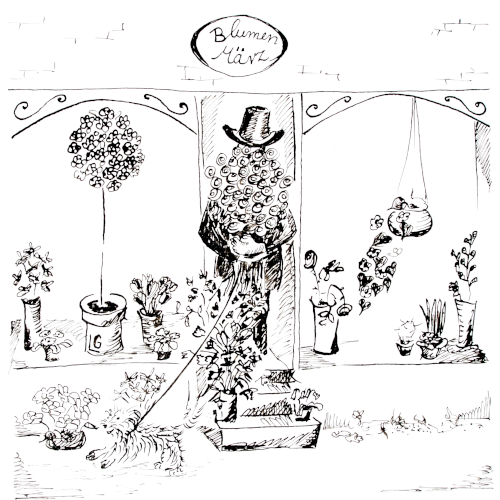 Ein Herr tritt aus einem Blumengeschäft mit Namen Blumenmärz und steigt die paar Stufen, die mit Blumentöpfen gesäumt sind, zur Straße herab. Der riesige Blumenstrauß, den er vor sich herträgt, verdeckt vor dem Betrachter sein Gesicht und ihm verdecken sie die Sicht. Ein kleines Hündchen hat er an der Leine, das schon stürmisch um die Ecke rennt und ihn nach sich ziehen möchte - na wenn da mal nicht einer stolpert!