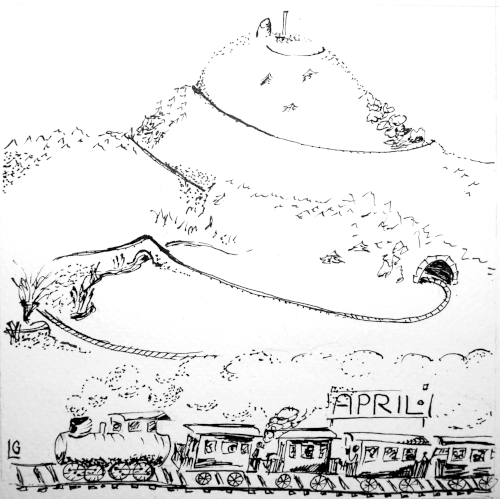 Inspiriert von der Schmalspurbahn, die auf den Brocken fährt, finden sich hier eine Dampflokomotive mit Wägen im Vordergrund sowie die Schienen, die durch Tunnel und Brücken auf einen Berg im Hintergrund führen.