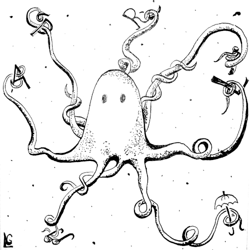 Für den April, der nicht weiß, was er will, steht hier ein prächtiger Oktopus, der in seinen Fangarmen verschlingelt Sonnenbrille und Regenschirm trägt und zudem in Gefahr steht, die Buchstaben des Wortes April zu verwechseln.