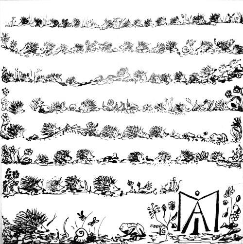 Text für Menschen die einen Screenreader benutzen möchten:
Tja, wie beschreibt man das, was auf diesem Bildchen passiert? Das sind Igelchen, unzählige Igelchen, die offensichtlich eine Reise angetreten haben. Eine endlose Schlange von Igelchen läuft oben im Bild von links nach rechts, wendet sich am Bildrand um in Richtung links und wieder nach rechts 7 Reihen lang. Aber einige der Igelchen tanzen aus der Reihe, meistens die Jüngeren. Da bleibt eines gebannt von dem Anblick einer Schnecke stehen und inspiziert sie gründlich, eines klettert auf einen Stein, zwei scharen sich um eine Raupe - oder ist es ein Wurm ... eines läuft schlichtweg in die falsche Richtung. Aber wohin will diese ganze Schlange von Igelchen denn eigentlich gehen? So genau weiß ich das auch nicht. Aber das vorderste Igelchen sitzt vor einer dicken Schnecke, über der einige fette Fliegen kreisen. Auf der anderen Seite von dieser Schnecke und den Fliegen sitzt ein Frosch sprungbereit. Wer wird die Fliegen wohl kriegen?  