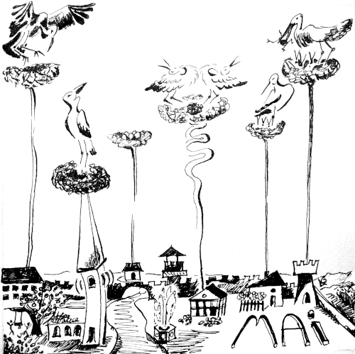 Auch hier hat der Mai Einzug gehalten. In dem Städtchen mit seinen ellenlangen, in den Himmel ragenden Schornsteinen haben sich die Störche Nester gebaut. Und dann gehts ab, sodass ein Schornstein vor lauter Balzgeklapper schon tüchtig in Schwingung und ins Schlingern geraten ist. Die beiden Verliebten ernten zum Teil Zuspruch, zum Teil biedermeierlich empörte Blicke aus ihrer Storchennachbarschaft.