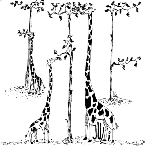 
Giraffen-Mama, Gieraffen-Halbstarker und Giraffen-fast-schon-Teenager haben alle eines gemeinsam: Sie strecken ihre langen Hälse zu den frischen jungen Blättern, die ganz oben in den Bäumen wachsen. Nun ja, hoch bis zu den Baumkronen gelangen die beiden Jungen noch nicht. Zum Glück sind da am langen kahlen Baumstamm doch auf passender Höhe ein paar Äste gezeichnet, an deren Blättern auch sie etwas finden können. 