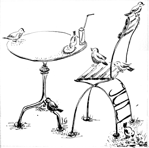 Hier hatten offensichtlich Touristen ihr Frühstück im Straßenkaffee genossen. An den Resten verköstigen sich die Vögelchen, die munter auf Tisch auf und unter den Stühlen Krümel aufpicken.