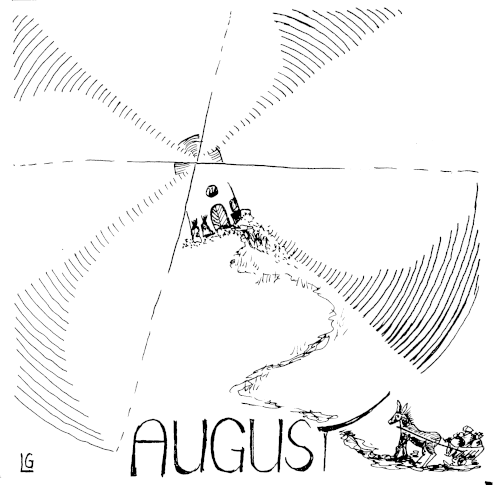 Im Zentrum der Zeichnung steht eine Windmühle mit überdimensionalen Flügeln, die vor Wind schon ganz schief steht. An der vorderen rechten Ecke kommt ein Eselchen mit Karren an, das stutzt und nicht so recht weiß, ob es weitergehen soll.