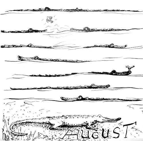 In acht Reichen liegen hier Krokodile im Wasser. Eines hat ein Vögelchen auf der Nase, zwei weitere stoßen fast schon mit ihren Schnauzen zusammen, während ein Fisch aus dem Wasser springt und ihnen offensichtlich entwischt ist. Im Vordergrund auf einer Sandbank döst ein weiteres Krokodil über dem Wort: August.