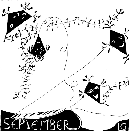 Hier sieht man den Tanz der Drachen in der Luft, die Kinder offensichtlich steigen ließen. Kreuz und quer ziehen sich die Schnüre, an denen sie gezogen werden, und munter kringeln sich die langen Schwänze mit ihren Fähnchen durchs Bild. Aber hoppla, da steht ja einer auf dem Kopf und ist offensichtlich auf dem Weg zum Absturz. Lustig sieht das aus und kann doch auch tragisch sein, was sich in den Gesichtern der anderen Drachen ausdrückt.