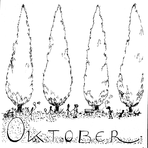 4 hohe schlanke Zypressen nehmen den mittleren Bildraum ein und lassen die lange Allee nur vermuten, die im Park einen Weg säumt. Zu den Füßen der Zypressen erfreuen sich kleine Menschlein. Sie spielen Federball, sausen mit dem Rad, ein Liebespaar sucht die Parkbank, von der anderen Seite kommt der Intellektuell mit Zeitung unterm Arm und Pfeife im Mund. Ein Kind führt nicht den Hund, sondern wird von ihm schon fast aus dem Bild gezogen. Herbstliches Oktobertreiben im gesetzten Park. 