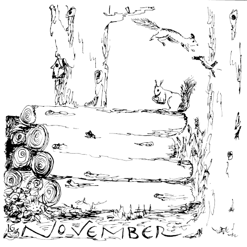 Ein Stapel geschlagener Holzstämme liegt zwischen zwei gewaltigen Baumstämmen aufgetürmt. Darüber turnen Eichhörnchen. Ein Vogelhäuschen deutet den nahenden Winter an.