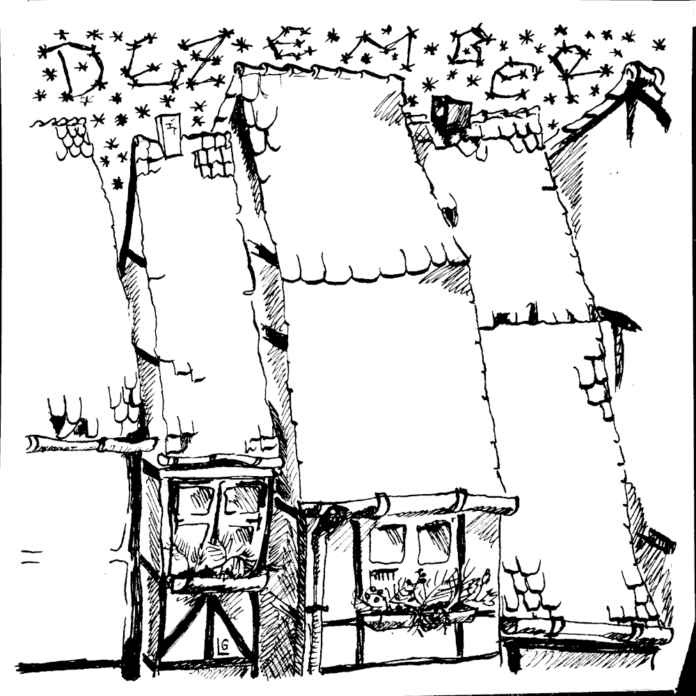 Unter Sternenhimmel, der das Wort Dezember erkennen lässt, befinden sich ein paar Fachwerkhäuschen mit hohen Ziegeldächern, kleinen Fensterchen mit Fensterkreuzen, ein paar Blumenkästen, in denen winterliche Zweige stecken. Es ist eine sehr freie Wiedergabe des schmalsten Hauses von Quedlinburg von hinten gesehen.